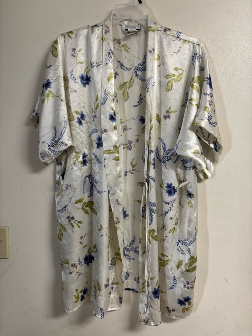 Morgan Taylor Satin Floral Robe in White with Blue and Green Accents